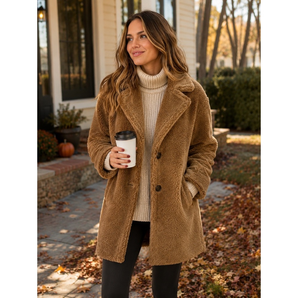 Gap Teddy Coat Womens Small Brown Teddy Sherpa Faux Fur Button Front